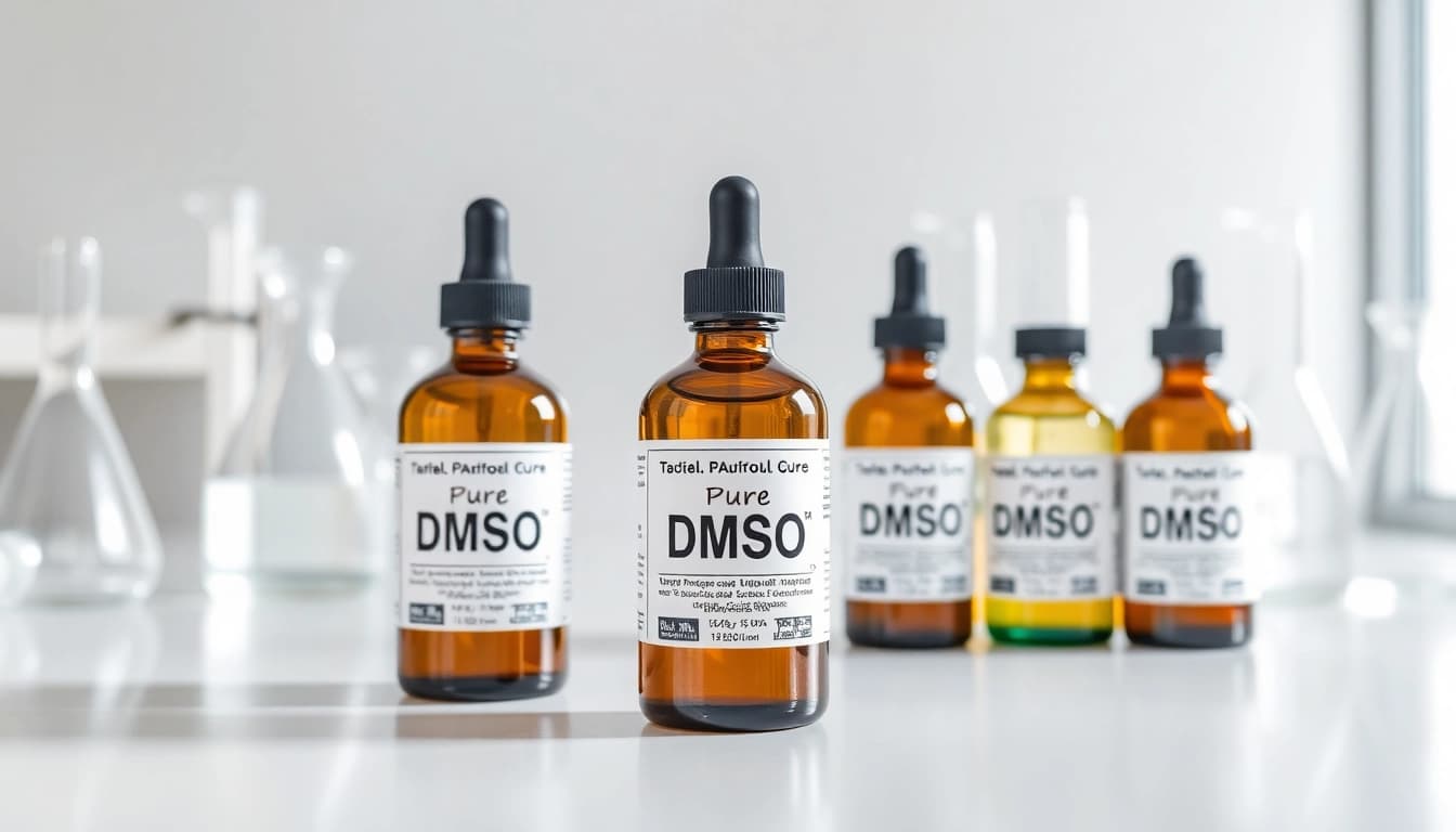 Pure DMSO bottles arranged professionally on a laboratory table showcasing their quality.