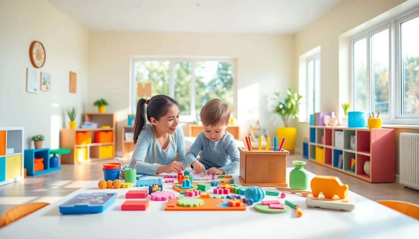 Engaged child receiving ABA therapy in Farmington Hills from a supportive therapist in a colorful room.