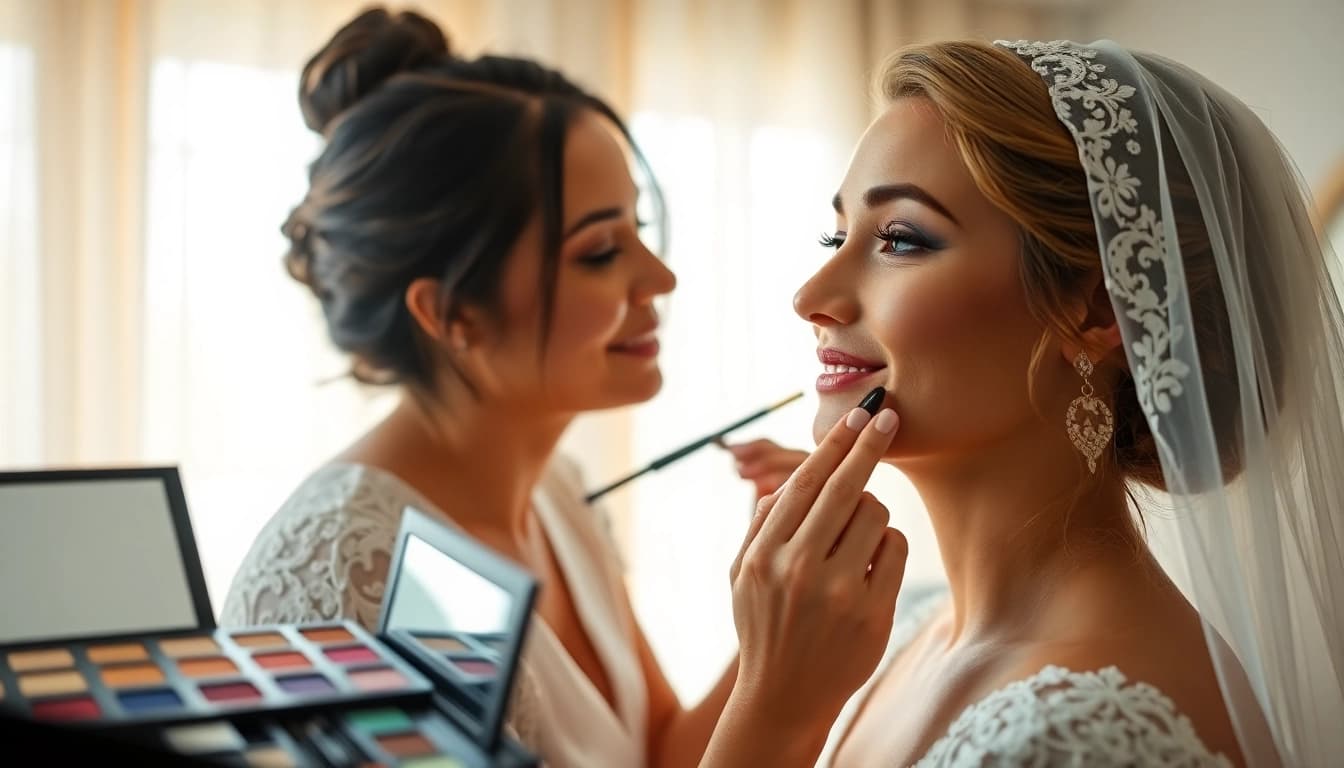 Trucco sposa di alta qualità realizzato su una sposa radiosa in un ambiente elegante.