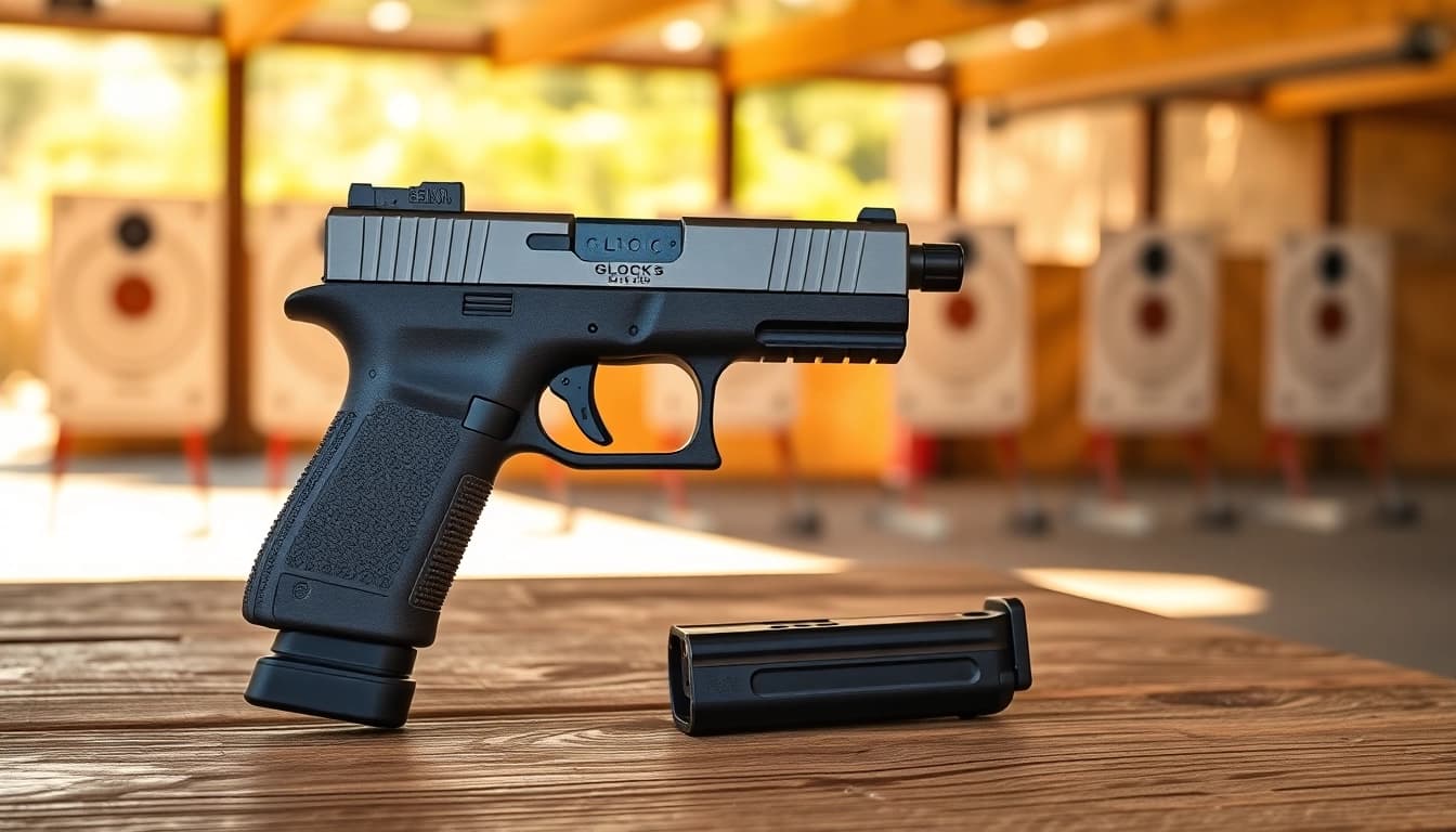 Showcasing the glock 43x mos on a shooting range table, highlighting its sleek design and functionality.