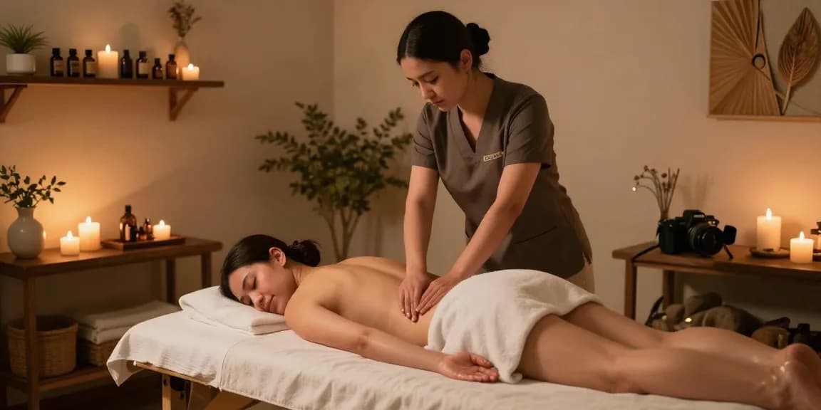 마사지 테라피를 받고 있는 고객, 아로마 오일과 조명으로 편안한 스파 환경을 연출합니다.