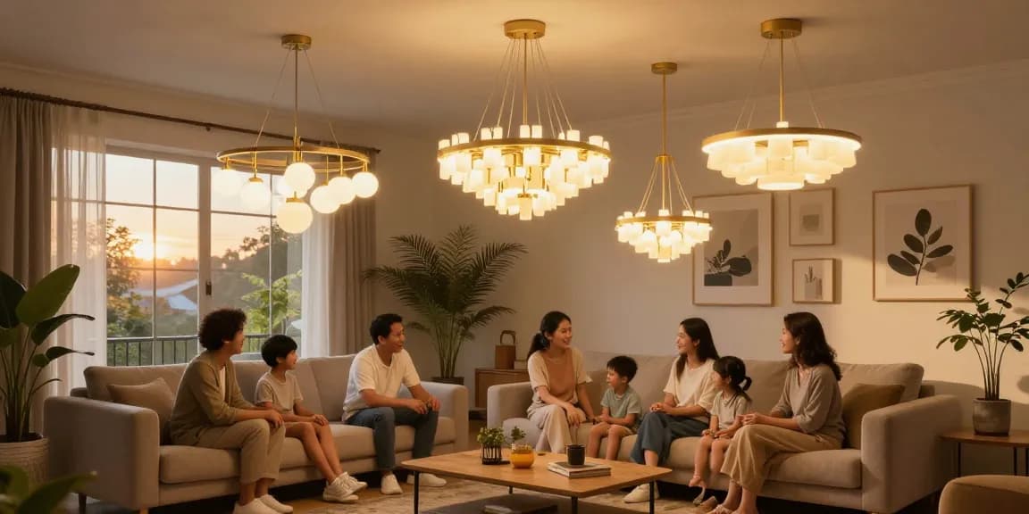 Lustre LED moderne iluminând un living cozy, creând o atmosferă caldă și primitoare.
