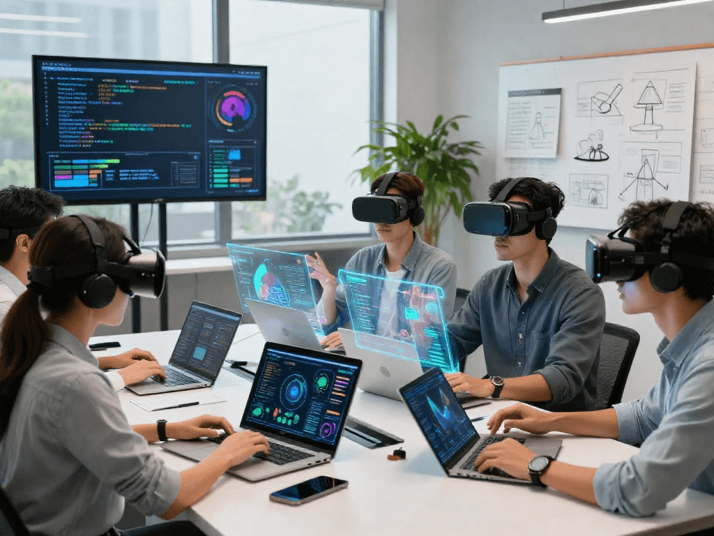 Collaboration on AI projects for adults 18+, showcasing innovative tech in a modern office.