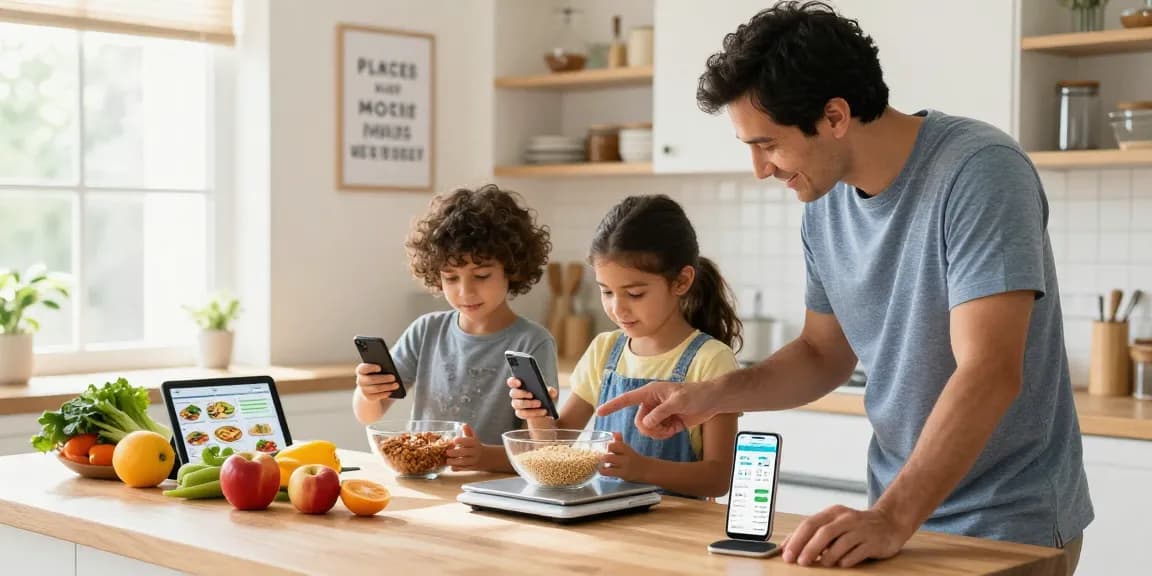 Family using the best AI macro tracker app to prepare healthy meals together in a modern kitchen.