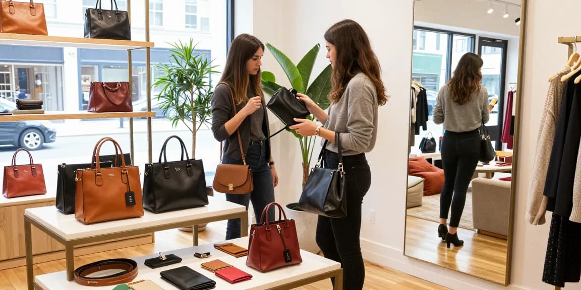 Younger woman exploring stylish leather handbags in a chic boutique slot shopping experience.