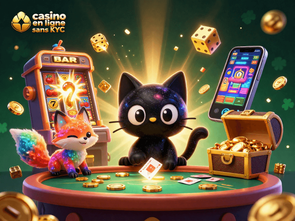 Jouez aux jeux de casino en ligne sans KYC avec des personnages animés et des lots dorés.