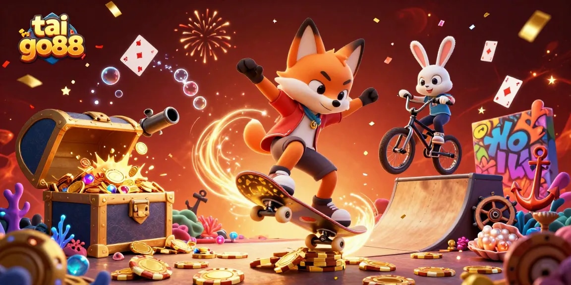 Tai go88 attracts gamblers with a thrilling 3D scene featuring a fox kicking over golden poker chips and vibrant casino elements.