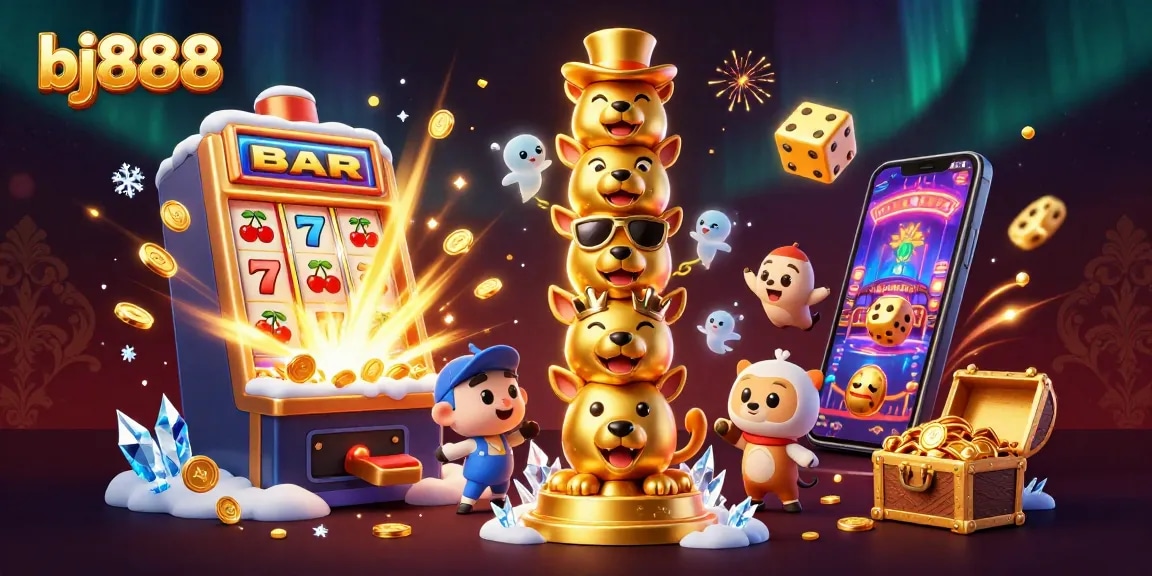 Experience vibrant excitement at bj888 with a cartoon totem and dynamic casino elements.