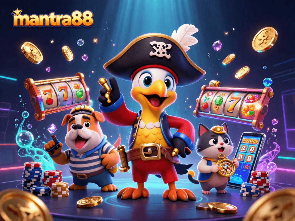 Engaging scene showcasing mantra88's gaming adventure with vibrant characters, slot reels, and golden treasures.