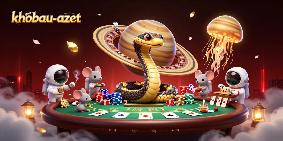 Engage in khobau-aztec with a vibrant casino scene showcasing cosmic-infused characters and betting action.