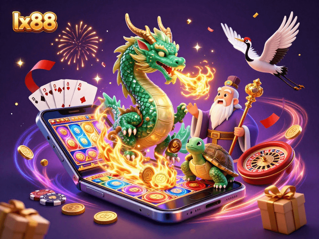Experience excitement with the lx88 dragon, lucky cranes, and vibrant slots in this casino illustration.
