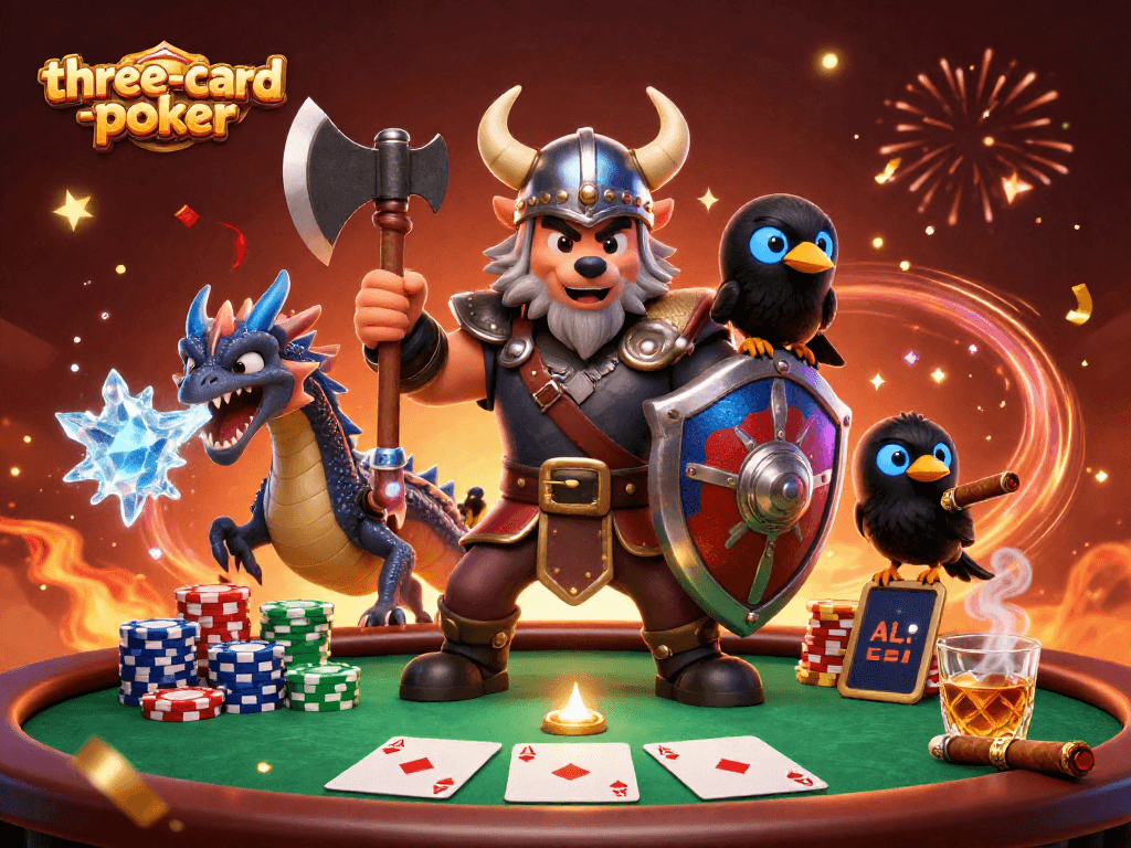 Play three-card-poker with an exciting 3D Viking scene filled with chips and cards.
