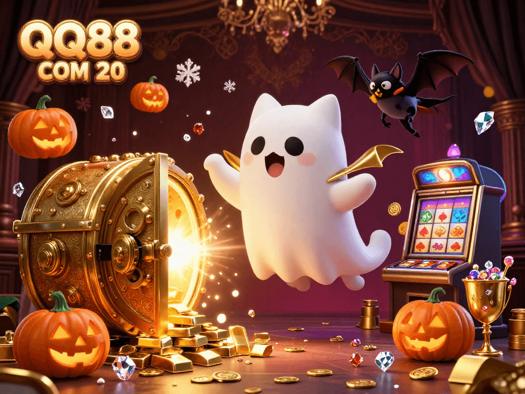 Experience thrilling gaming at QQ88 COM 20 with friendly ghost cat and treasure-filled casino.