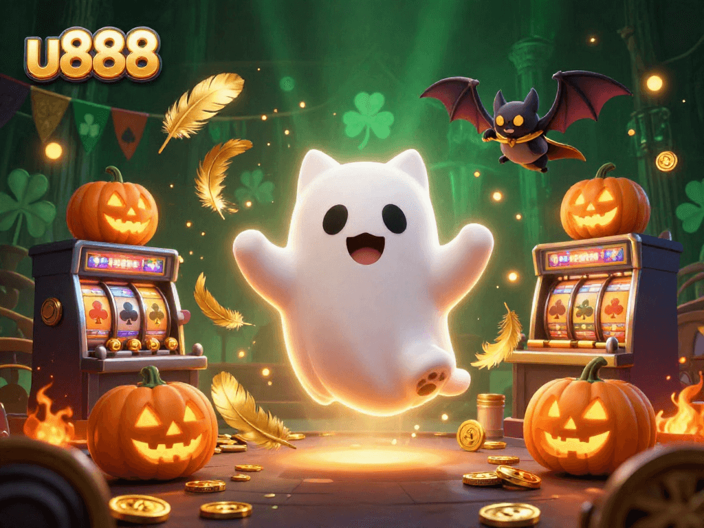 Experience thrilling gameplay at u888 casino with a friendly ghost cat, vibrant gaming elements, and glowing atmosphere.
