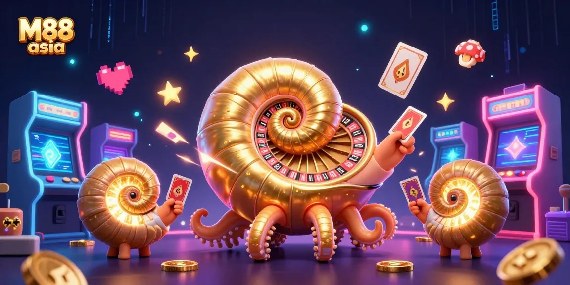Experience thrilling gameplay with M88 asia's vibrant 3D casino illustration featuring unique characters and gaming elements.
