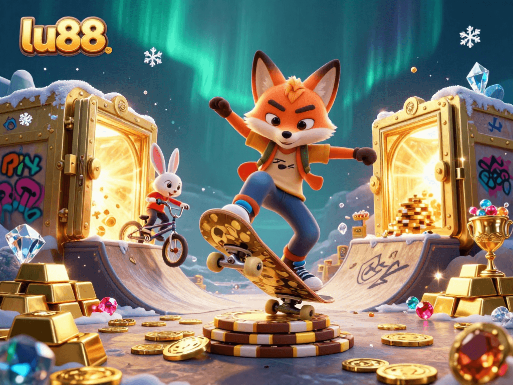 Celebrate wins at lu88 with vibrant casino-themed skateboarding illustration featuring playful characters.