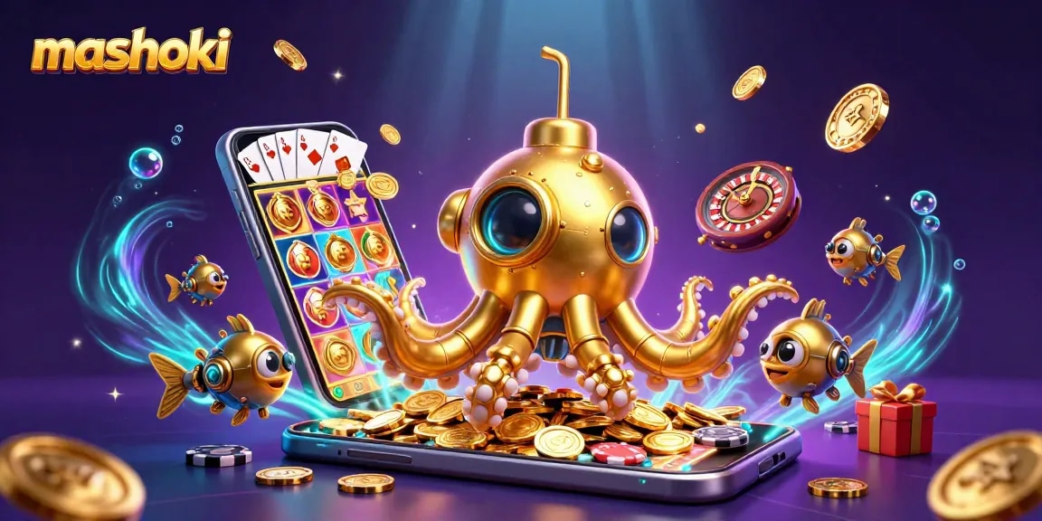 Join the thrill of mashoki games with a 3D kraken submarine amidst golden coins and vibrant casino elements.