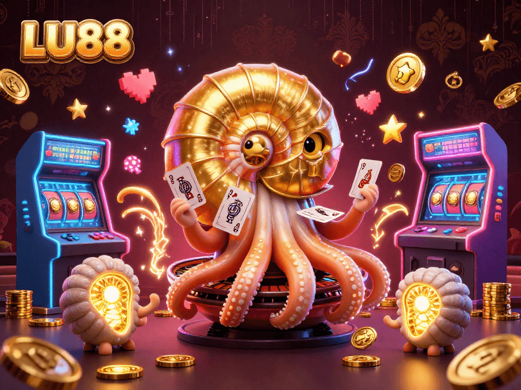 LU88 showcases a vibrant 3D digital casino scene with a giant nautilus roulette wheel.