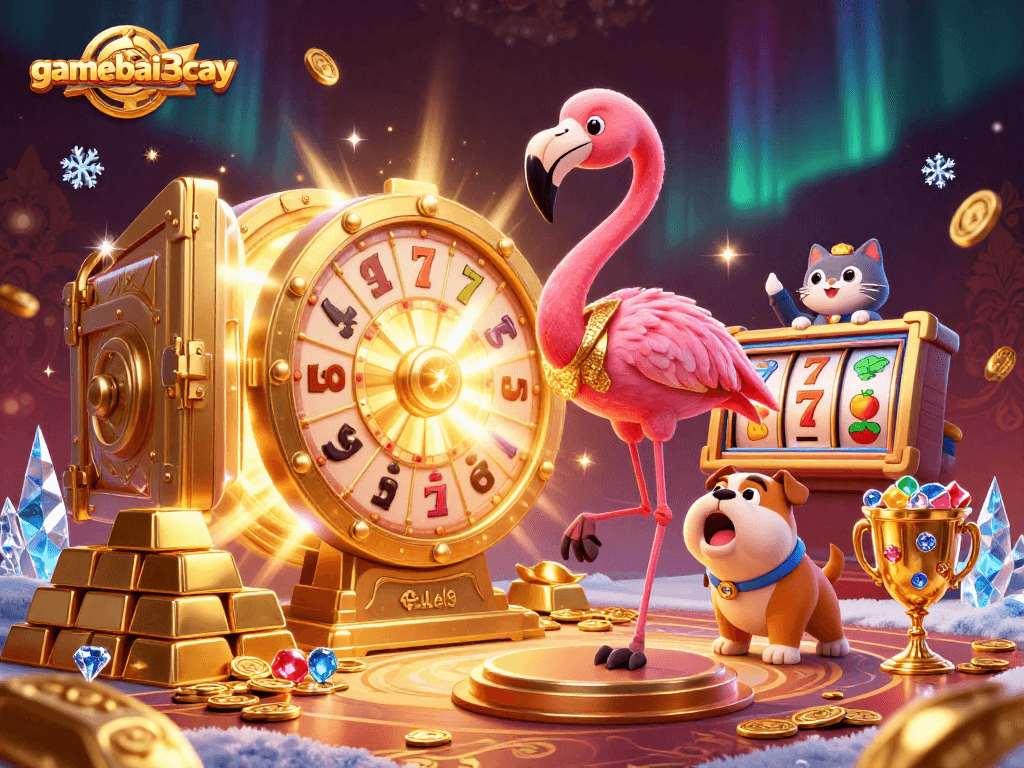 gamebai3cay spins excitement with a cartoon flamingo host and bulldog contender in a vibrant casino
