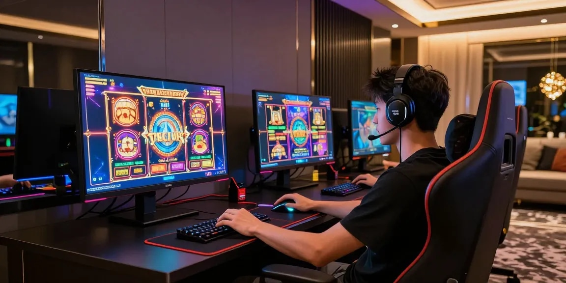 Pengalaman bermain LUXURY777 Online dalam ruang gaming mewah dengan pencahayaan dinamis dan aksesori canggih.