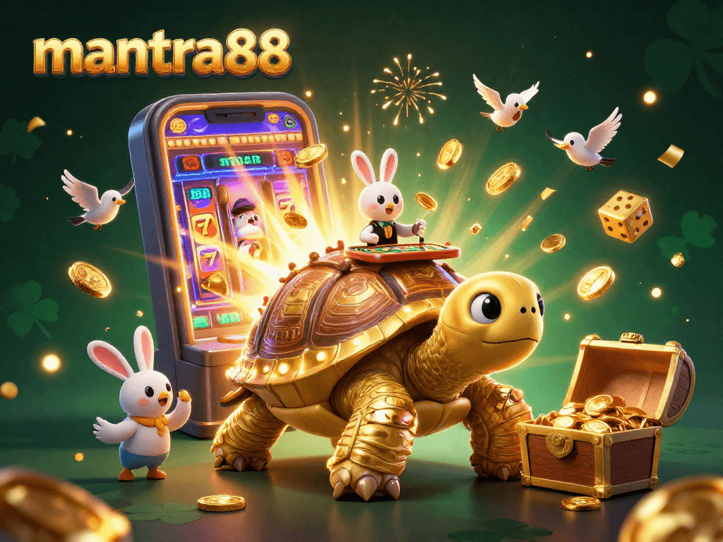 Spin to win with mantra88's vibrant 3D casino scene, showcasing slots and golden rewards.