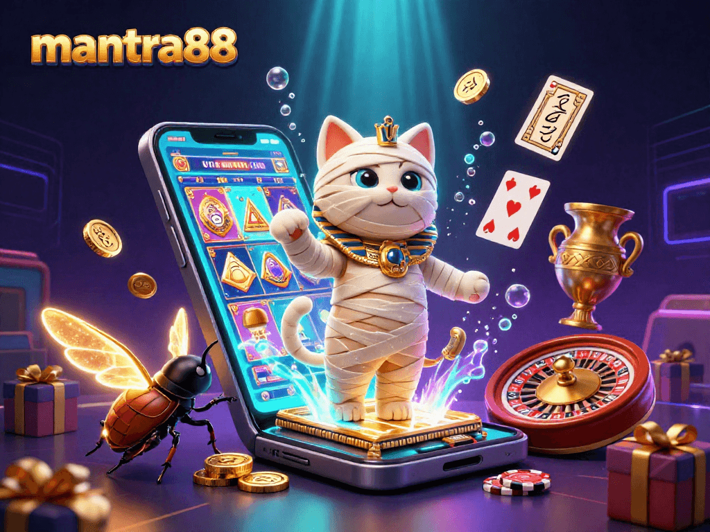 Experience the thrill of mantra88 with the vibrant mummy cat and golden coins bursting from a smartphone in an 8K casino scene.