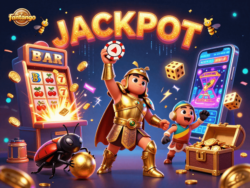 Experience the fun of fantango with a jubilant beetle duo amidst casino thrills and jackpot symbols.