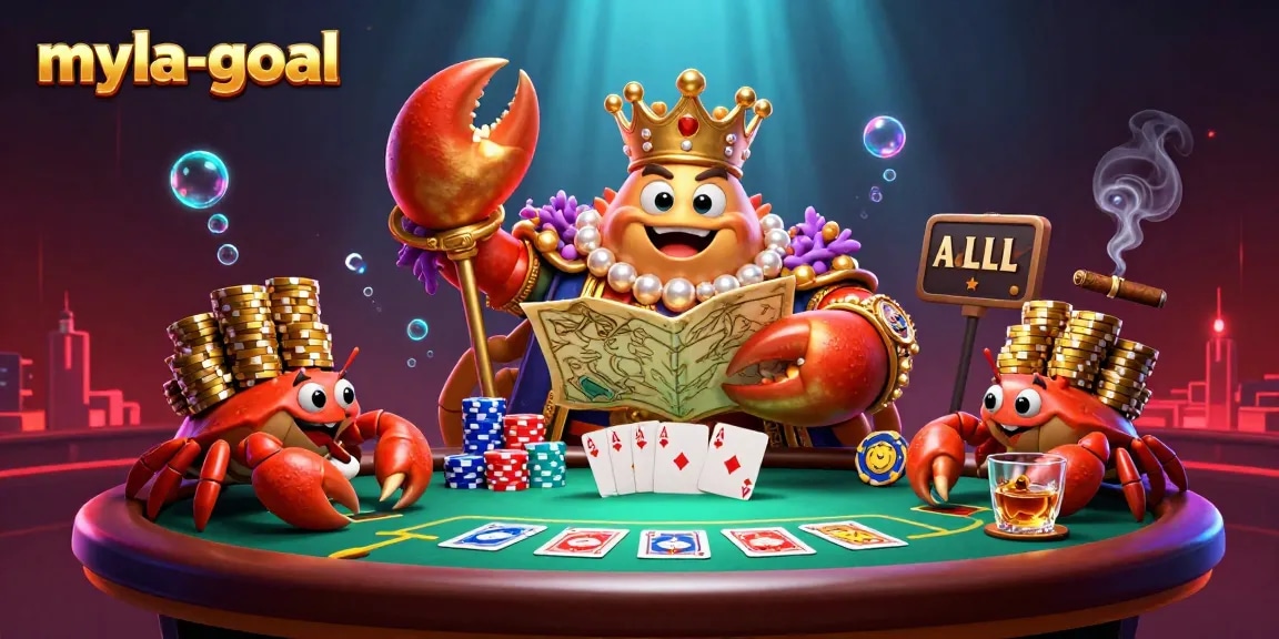 Engage in thrilling gameplay with the myla-goal crab emperor amidst colorful poker elements and vibrant effects.