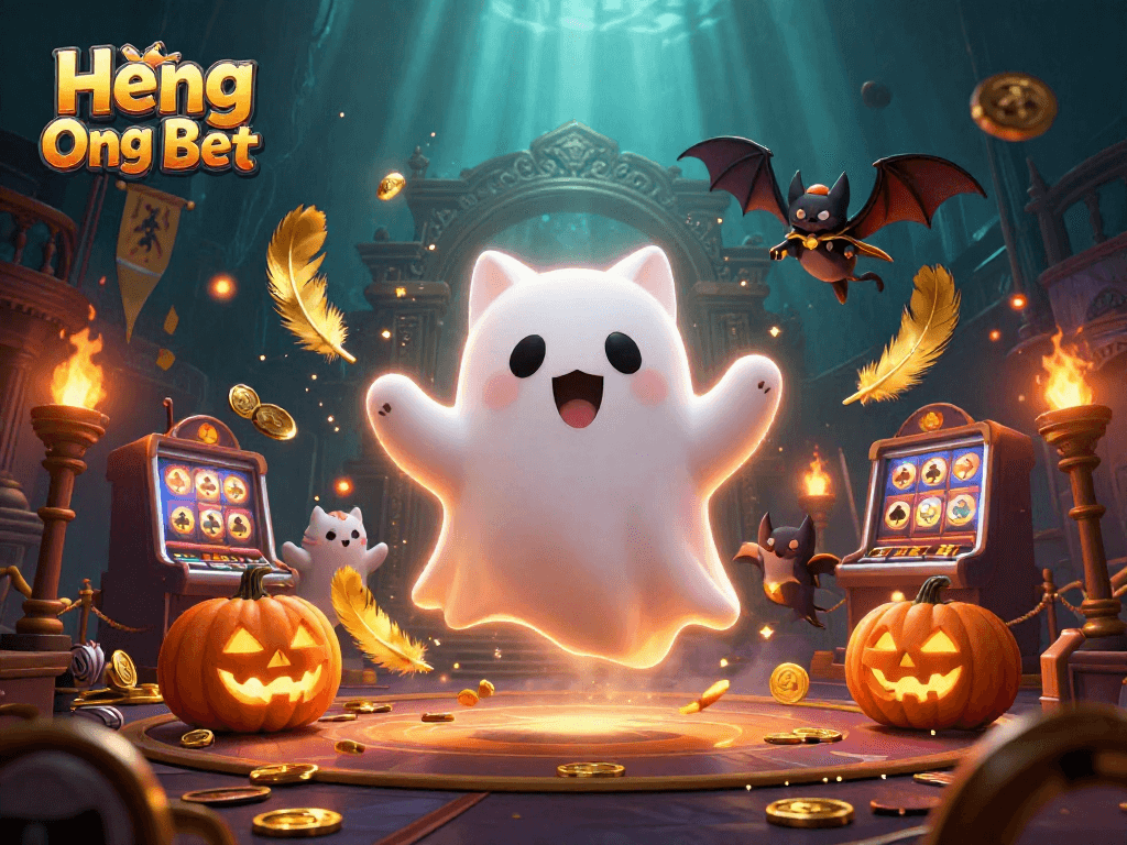 Experience exciting gaming with Heng Ong Bet, featuring a ghost cat and vibrant casino elements.