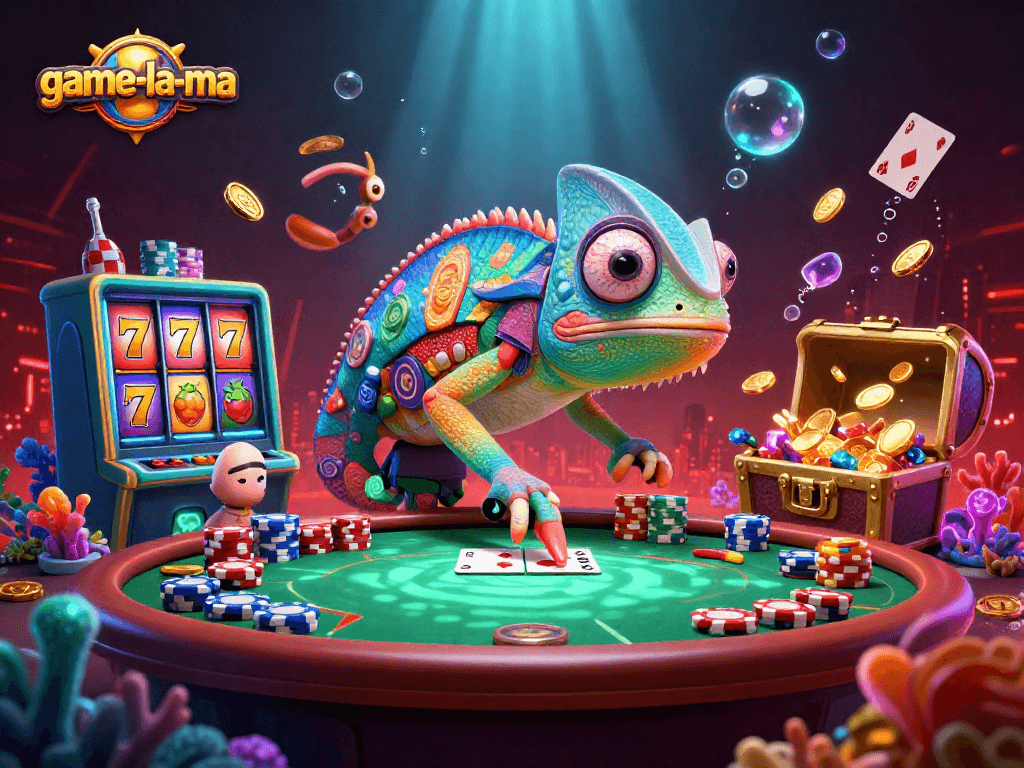 Engage with thrilling action at game-la-ma as a colorful chameleon casino owner captures golden coins amidst a vibrant casino scene.