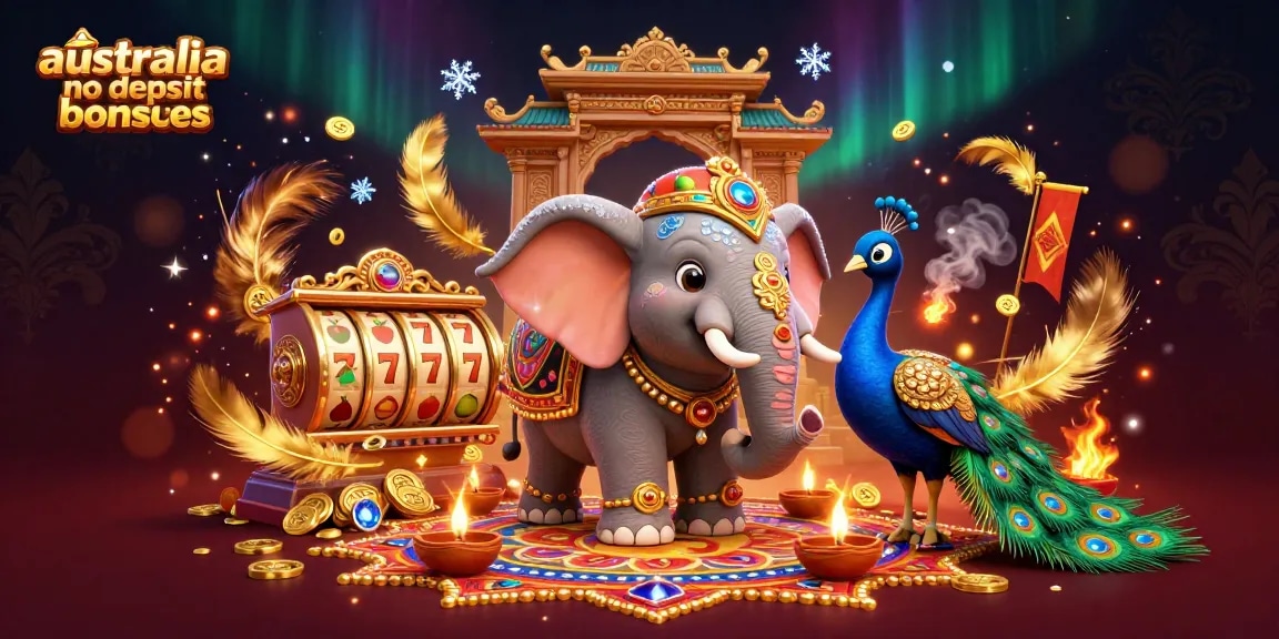 Engage with australia no deposit casino bonuses through a vibrant 3D elephant and peacock illustration.