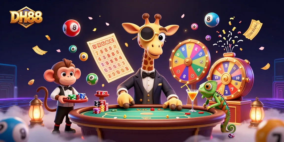 Experience the thrill of DH88 with a joyful giraffe and colorful gaming elements in lively casino scene.