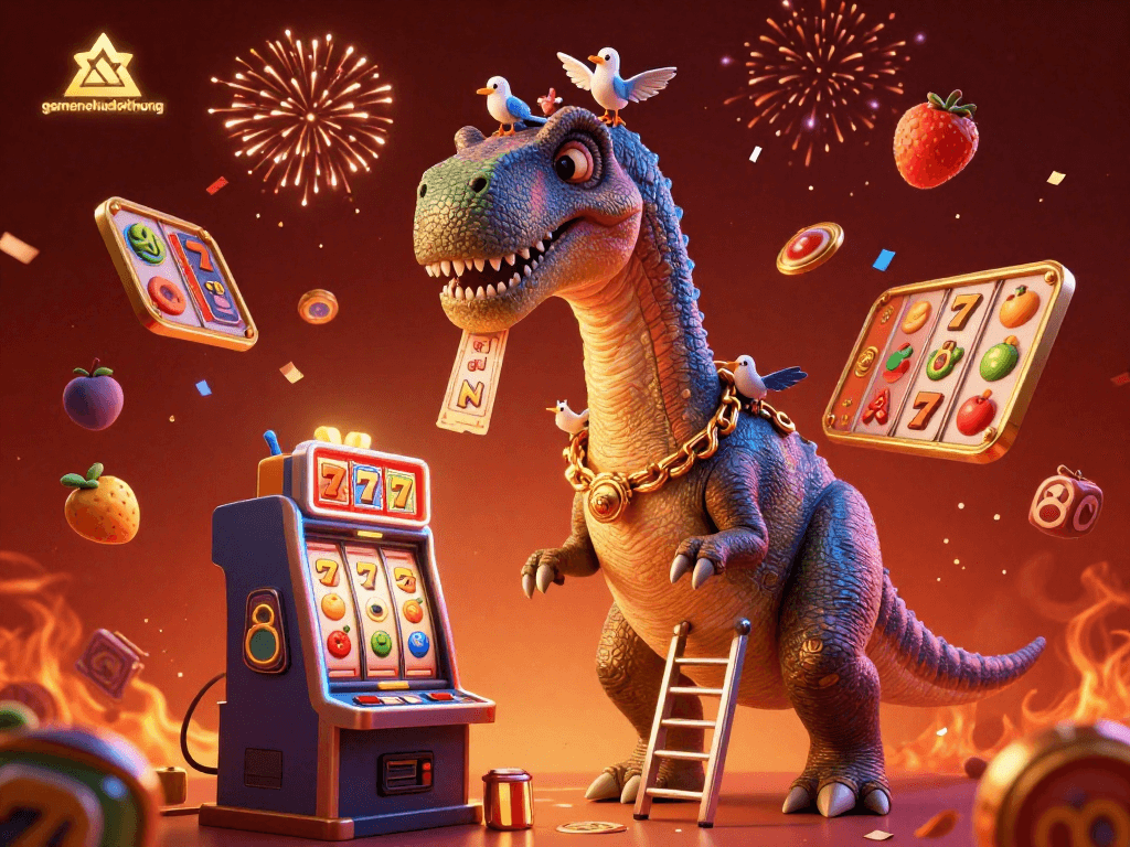 Experience big wins at gamenohudoithuong featuring a vibrant 3D illustration of a brontosaurus and energetic slot game elements.