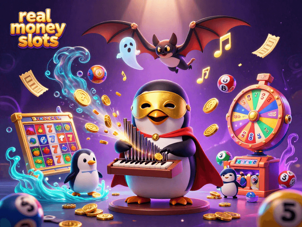 Engage with real money slots as a penguin plays an organ showering gold coins amidst a vibrant casino scene.