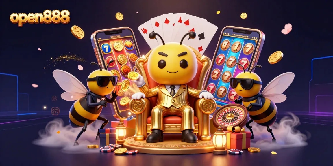 Witness open888's 3D cartoon characters in a vibrant casino-themed illustration with slot games and gold coins.
