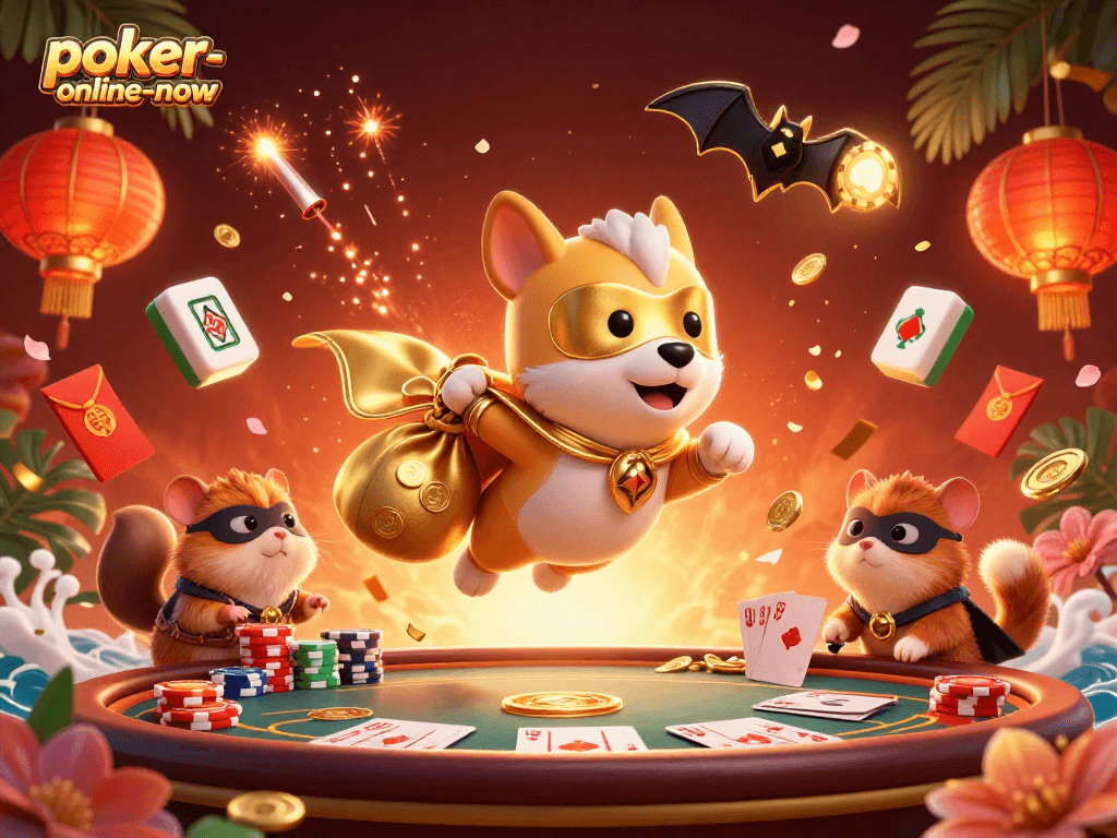 Engage in thrilling gameplay at poker-online-now with a superhero dog and hamster in a dynamic poker scene.