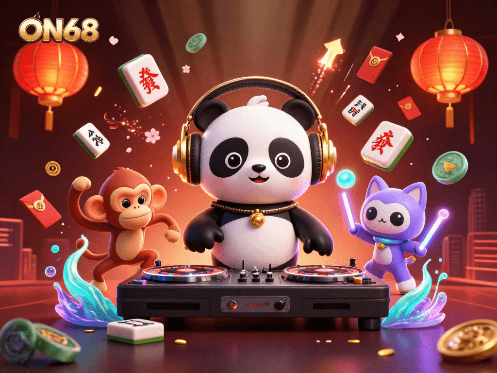 Experience thrilling gaming at ON68 with a vibrant 3D casino scene featuring a DJ panda.