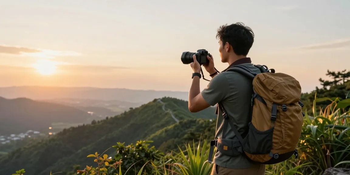NAGA2000 traveler capturing unforgettable mountain memories at sunset.