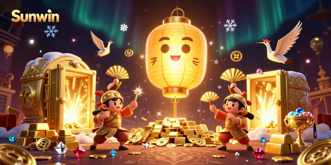 Experience the exciting world of Sunwin casino with an enchanting 3D scene featuring vibrant characters and treasure.
