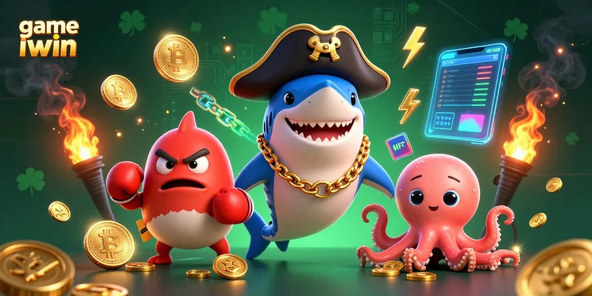 Engage with dynamic game iwin 3D illustration featuring pirate shark and friends amidst crypto coins.
