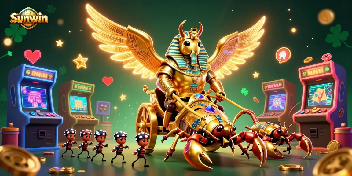 Engage with Sunwin's thrilling games featuring a colossal golden scarab and gemstone scorpions, perfect for casino enthusiasts.