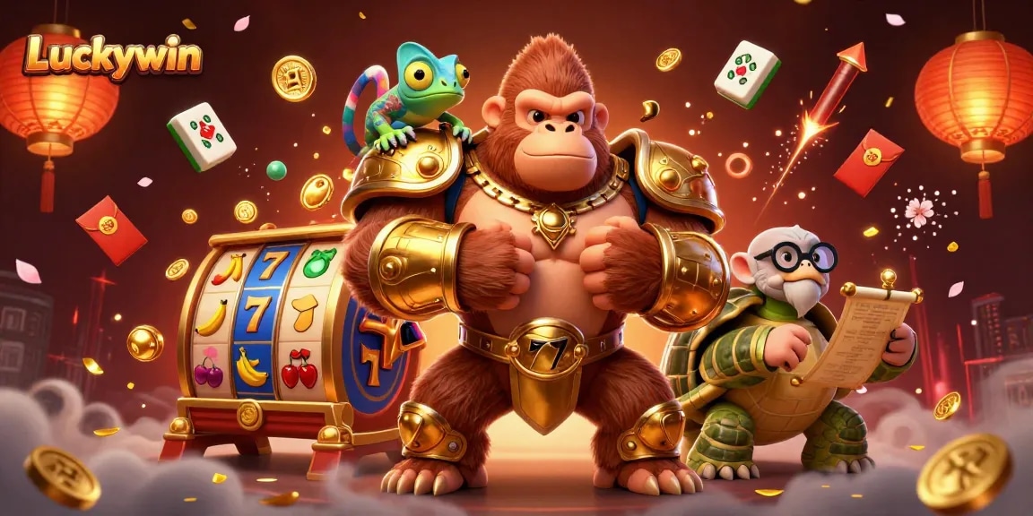 Luckywin's vibrant casino scene depicting a gorilla king, chameleon spy, and tortoise elder amidst rich gaming elements.