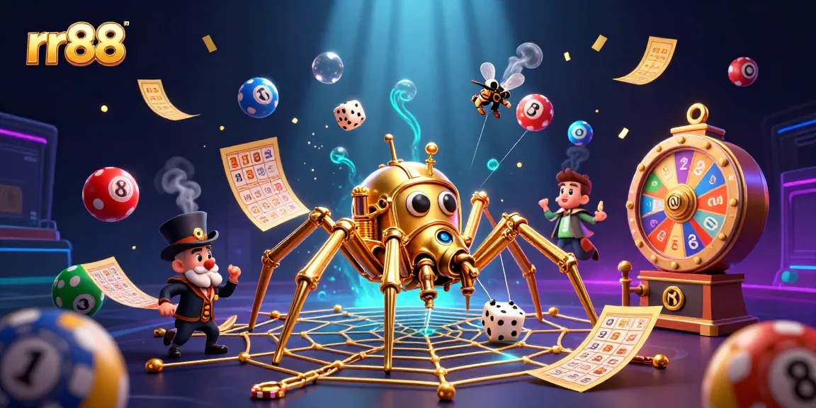 Experience thrilling gameplay at rr88 with a steampunk spider's web of colorful lottery elements.