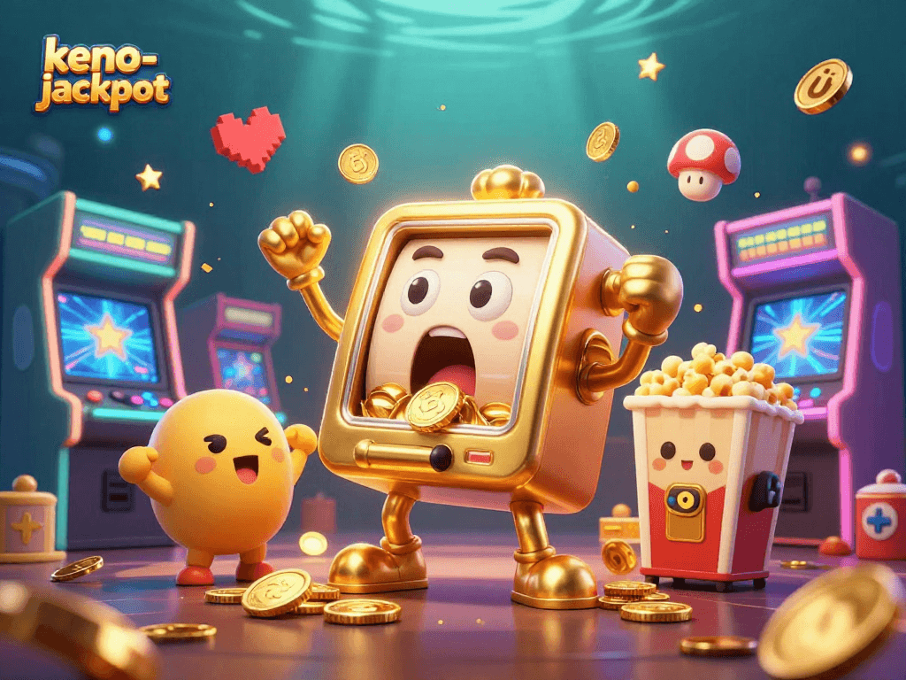 Join the keno-jackpot excitement as animated slot machines celebrate a big win!