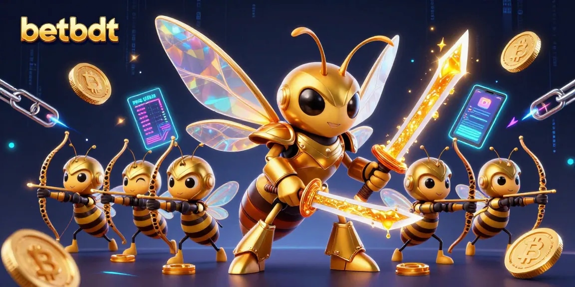 Engage with betbdt's vibrant fantasy casino scene showcasing samurai and bee archers amidst glowing crypto coins.