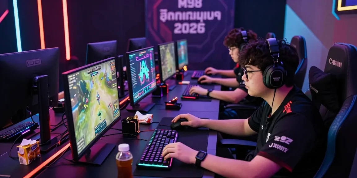 Intense eSports tournament featuring players competing with M98 ล๊อตเว็บตรง 2026 banner prominently displayed.