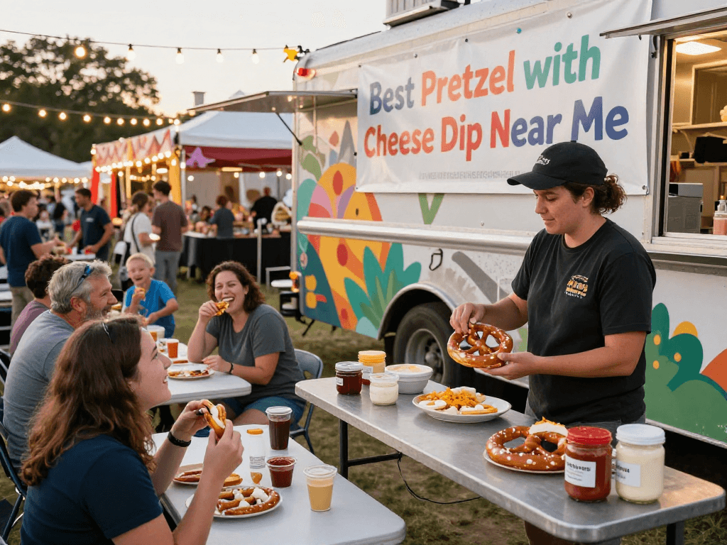 Delicious scene showcasing the best pretzel with cheese dip near me at a festive food truck event.