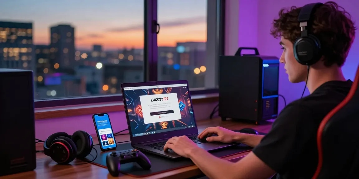 Proses Cara Login LUXURY777 di lingkungan gaming yang nyaman dengan laptop dan smartphone.