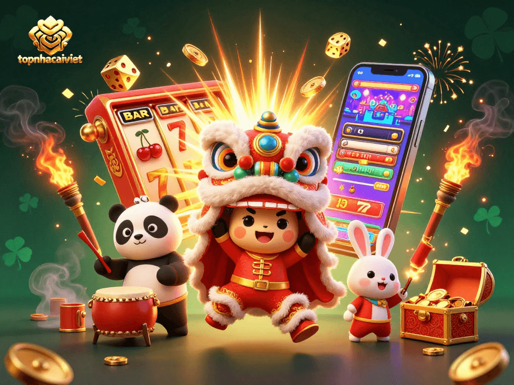 Experience thrilling wins at topnhacaiviet with vibrant illustrations of casino games and characters celebrating!