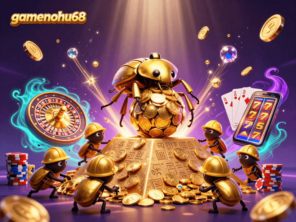 Experience the excitement of gamenohu68 as vibrant beetles roll golden coin jackpots in a dazzling casino scene.